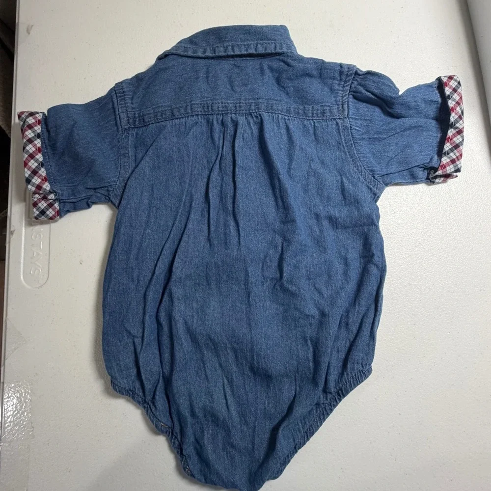 Ben Sherman Baby Boys Blue Chambray Denim Plaid Cuff Bodysuit 6-9 Months